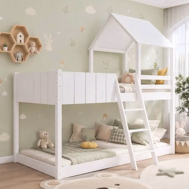 Merax White Wooden House Mid Sleeper Bunk Bed with Canopy and Ladder for Children, W/D/H: 90 x 190 x 196 cm