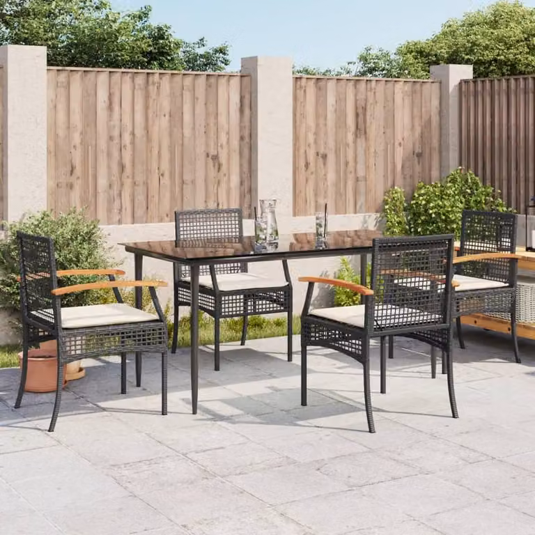 Berkfield Home 5 Piece Black Poly Rattan Garden Dining Set with Cushions