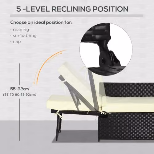 Outsunny 5-Piece PE Rattan Sun Lounger Set with Adjustable Headrest and Side Tray, Black – 4