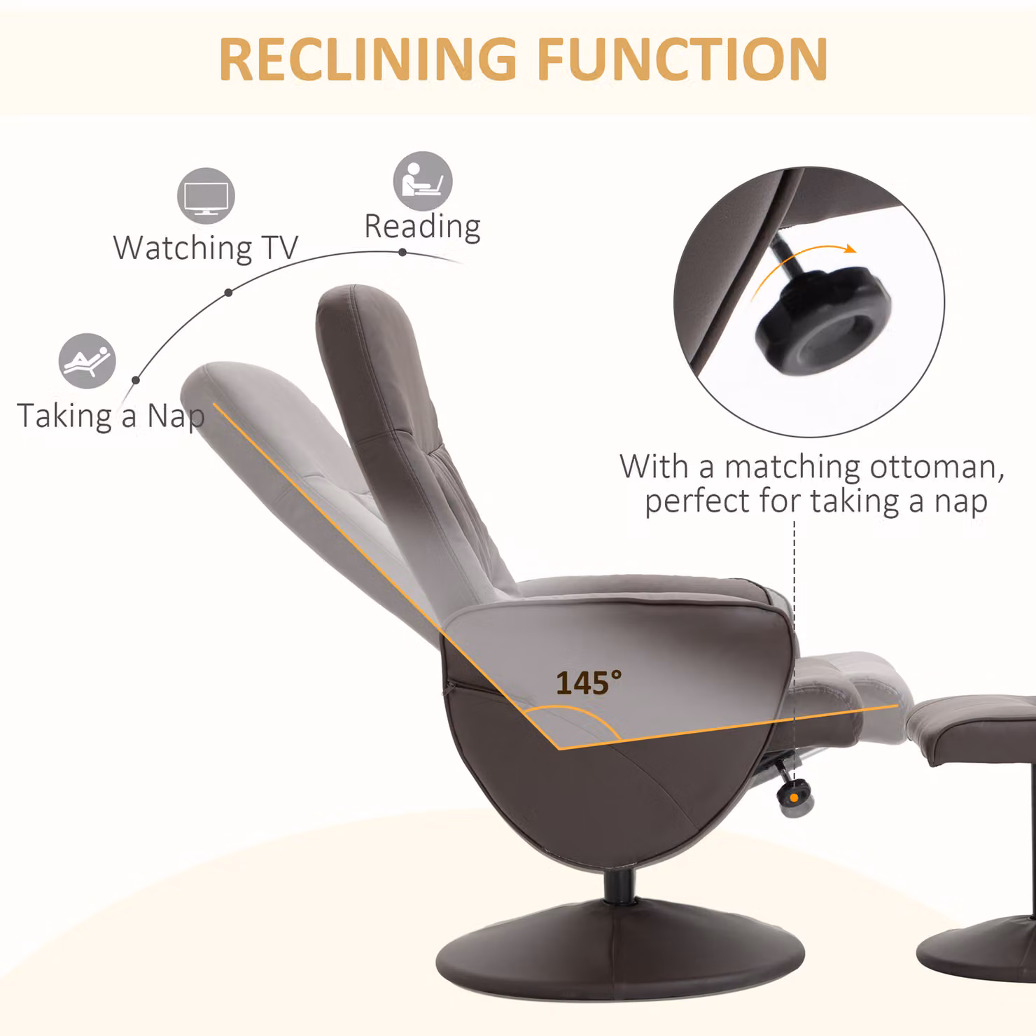 HOMCOM Executive Recliner Chair with Footstool, Brown Synthetic Leather High Back Armchair with 360 Degree Swivel and Manual Lever Recline – 4