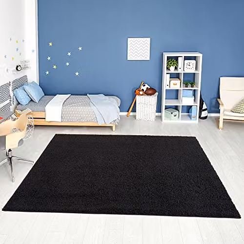 THE RUGS Black Plain Shaggy High Pile Rug, W/D: 140 x 200 cm – 3