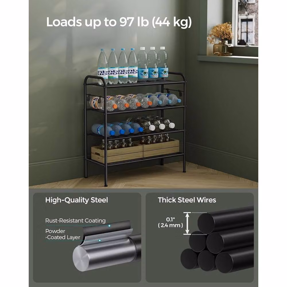 The Bazaarist 4 Tier Adjustable Metal Shoe Rack with Hooks in Matt Black – 4