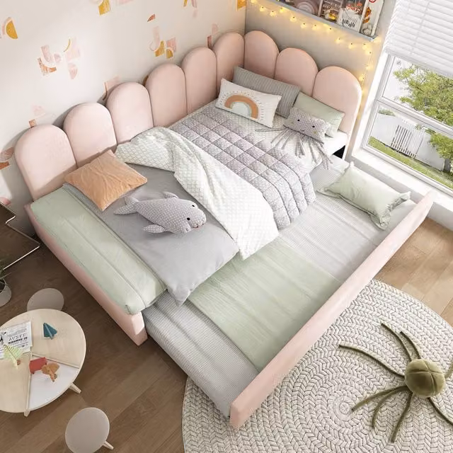 STILVORA Pink Velvet Single Daybed with Pull-Out Bed, W/D/H: 90 x 190 cm