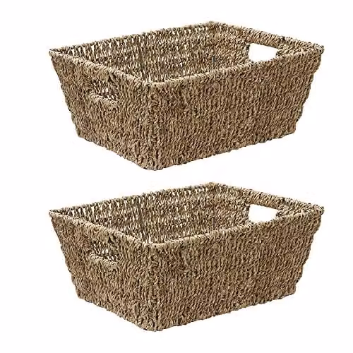 JVL Set of 2 Large Hand Woven Seagrass Rectangular Storage Baskets with Handles, Beige, H: 16 cm, W: 38 cm, D: 29 cm – 1