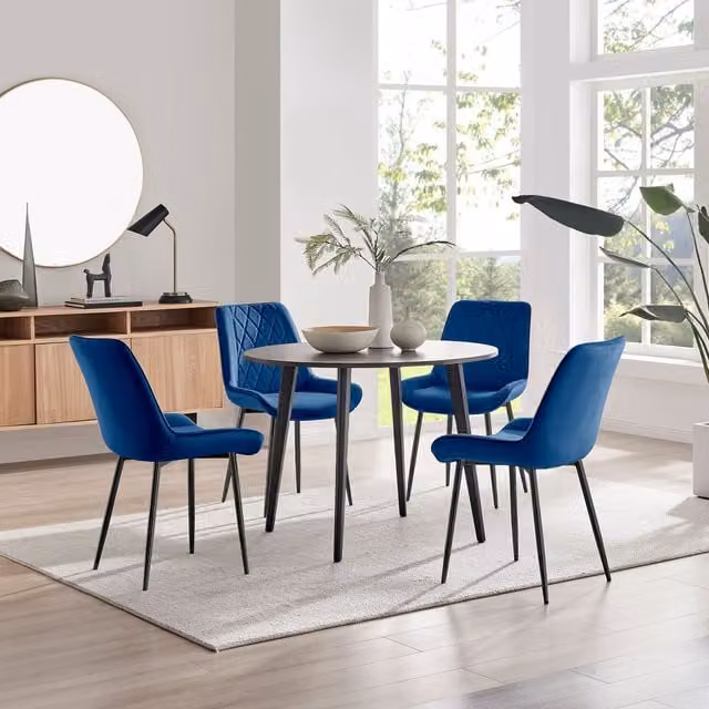 FurnitureboxUK Koko Walnut Effect Round Dining Table and 4 Pesaro Navy Blue Chairs with Black Legs