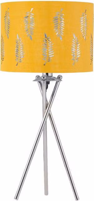 First Choice Lighting Chrome Tripod Table Lamp with Ochre Fern Cut Out Fabric Shade in Silver – 1
