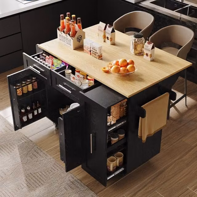 Rolipo Black Kitchen Island Trolley with Folding Dining Table and Storage – 1