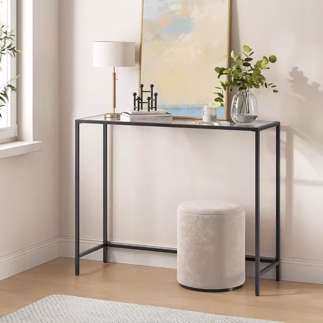The Bazaarist Modern Entryway Console Table with Rectangular Tempered Glass Top and Metal Frame in Ink Black and Transparent