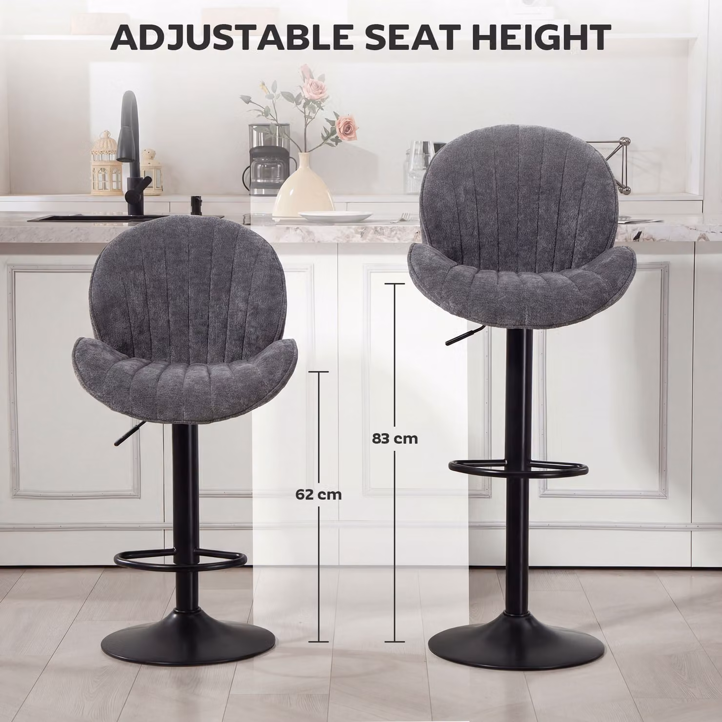 HOMCOM Set of 2 Grey Fabric Swivel Bar Stools with Adjustable Height and Footrest – 5