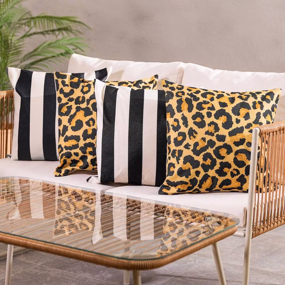 icon Boho Collection Set of 4 Indoor Outdoor Square Cushions in Black and Multicolour with Leopard and Deck Stripe Patterns – 2