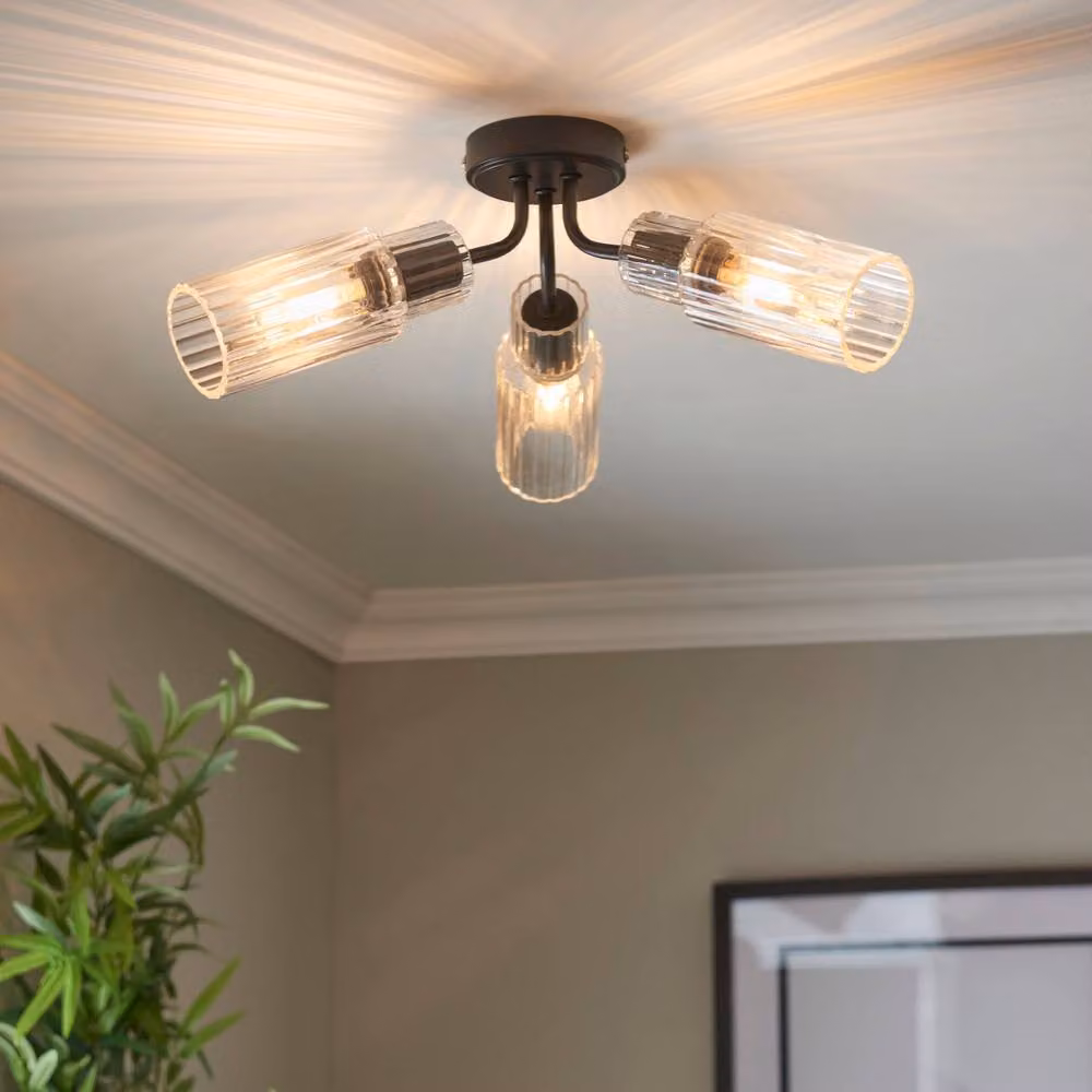 First Choice Lighting Portland 3 Light Flush Ceiling Fitting in Matt Black with Clear Glass – 3