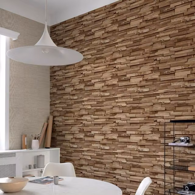 Grandeco Colorado Stacked Wood Block Plank Effect Textured Vinyl Wallpaper in Beige, Yellow and Brown