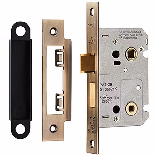Loops Antique Brass Locking Bathroom Door Sashlock Latch with Square Forend, 64mm