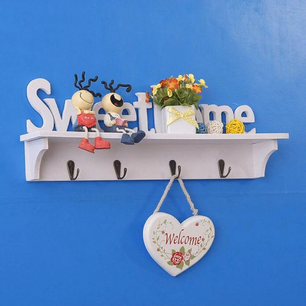NESTLUNE Wooden Wall Mounted Key Holder with Shelf and Hooks, White, W: 1000 cm, H: 52 cm – 3
