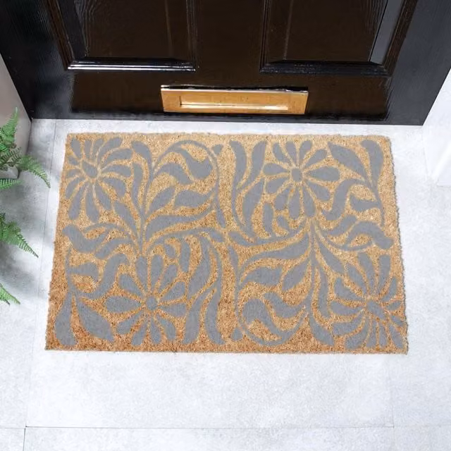 Artsy Mats Grey Floral Art Nouveau Coir Doormat, W: 60 cm, D: 40 cm – 1