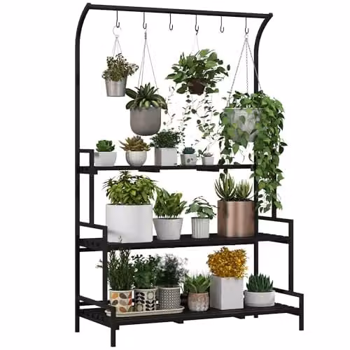 Outsunny 3 Tiered Plant Stand Ladder Shelf with Hanging Hooks in Black, H 170 x W 50 x D 50 cm – 1