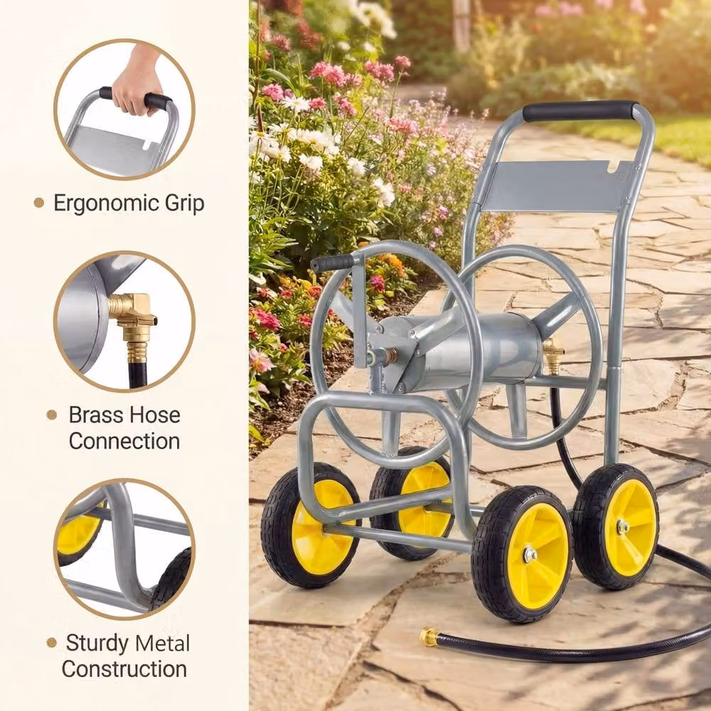 Costway Silver Metal 4-Wheel Garden Hose Reel Cart and Water Hose Organiser – 7