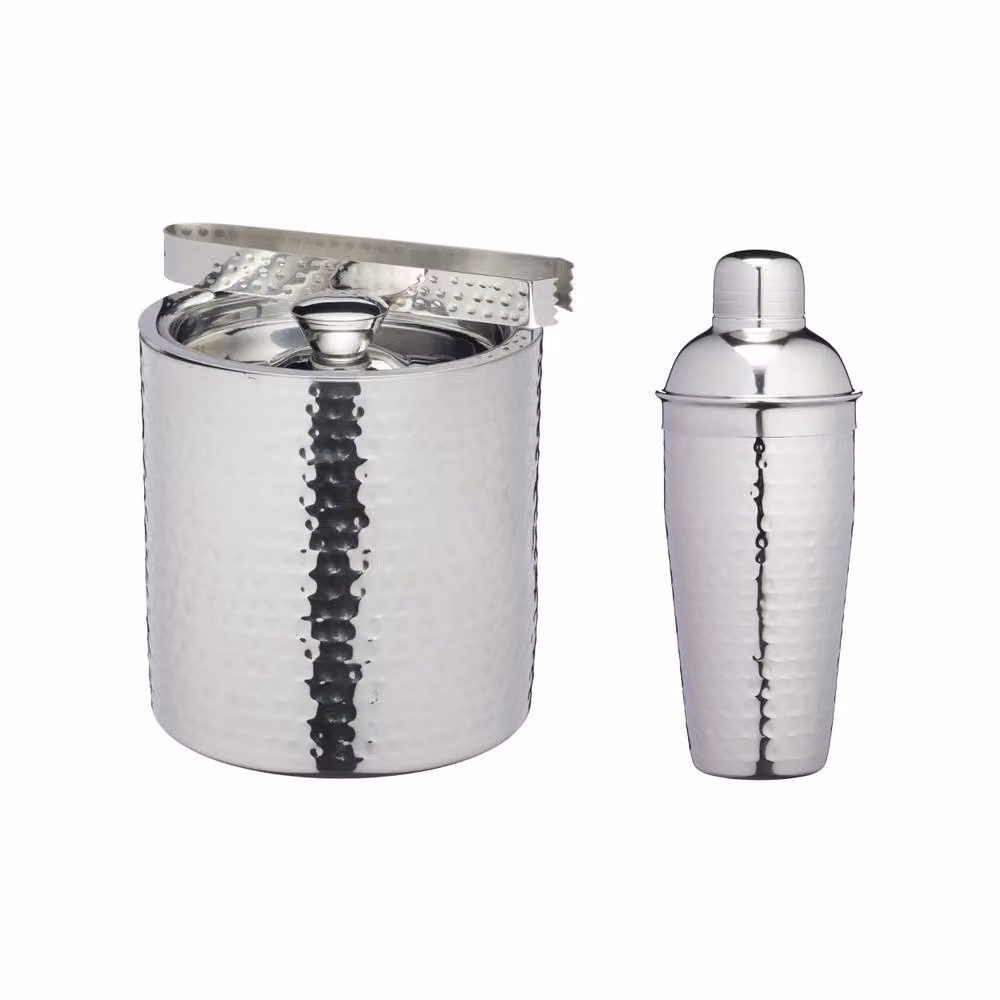 BarCraft Hammered Stainless Steel Ice Bucket and Cocktail Shaker Set in Silver – 2