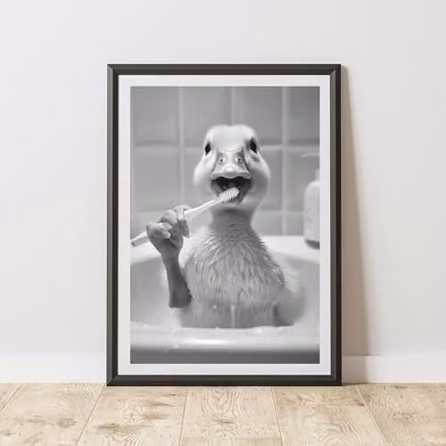 60 Second Makeover Duck Brushing Teeth Animal Print Paper Poster, W: 21.0 cm, H: 29.7 cm, Black, White and Grey