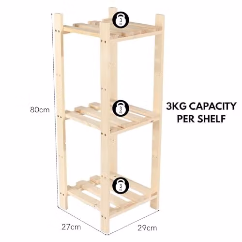 Core Products Narrow 3-Shelf Pine Storage Rack, Brown, W/D/H: 27.0 x 29.0 x 80.0 cm – 2