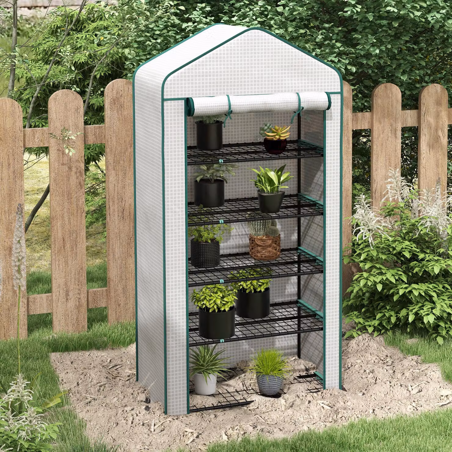 Outsunny 5 Tier Widened Mini Greenhouse with Reinforced PE Cover and Wire Shelves, White, H x W x D: 193 x 90 x 49 cm – 2