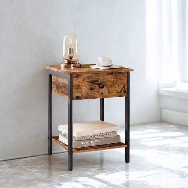 Pirlo Plush Industrial Bedside Table with Drawer and Shelf in Rustic Brown