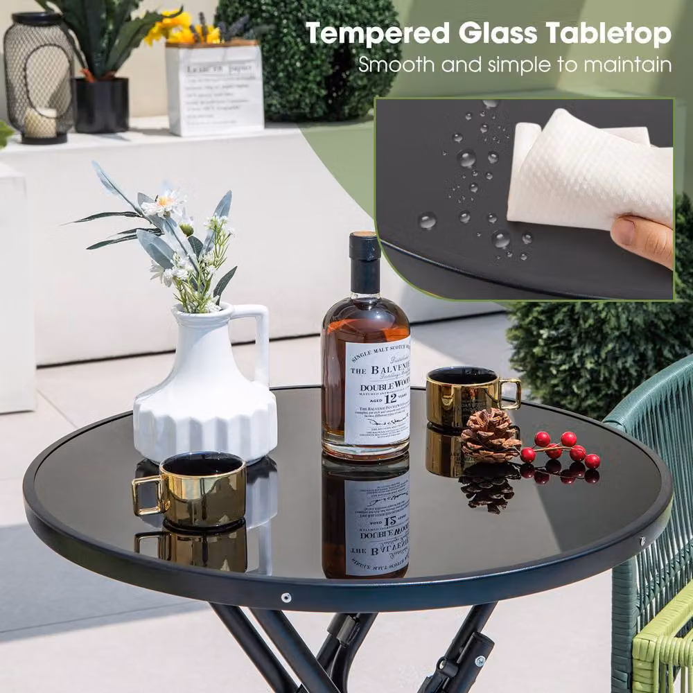 Costway Folding Round Patio Bistro Table with Black Tempered Glass Toptop – 4