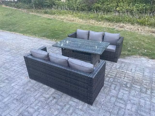 Fimous 6 Seater Rattan Garden Furniture Set with Rectangular Dining Table in Dark Grey