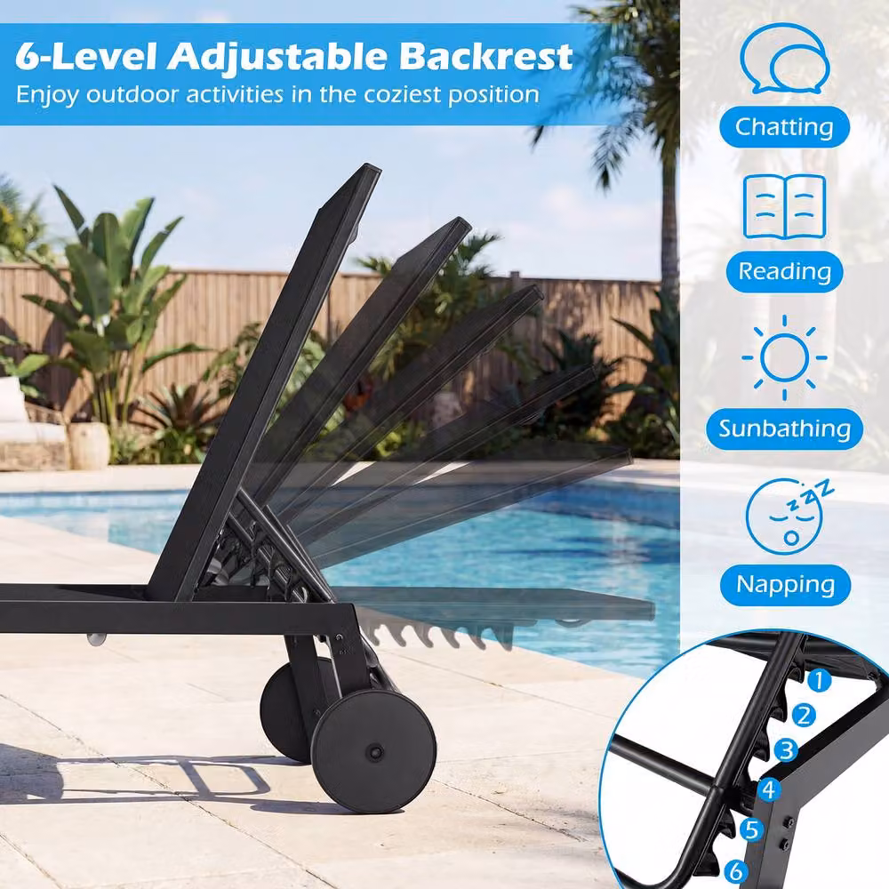 Costway Black Patio Sun Lounger Chair with Wheels and 6-Position Adjustable Headrest – 6