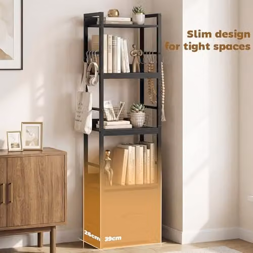 HOMCOM 4-Tier Bookshelf with Drawer and 8 Hooks, Black, W: 39 cm, D: 26 cm, H: 136.5 cm – 5