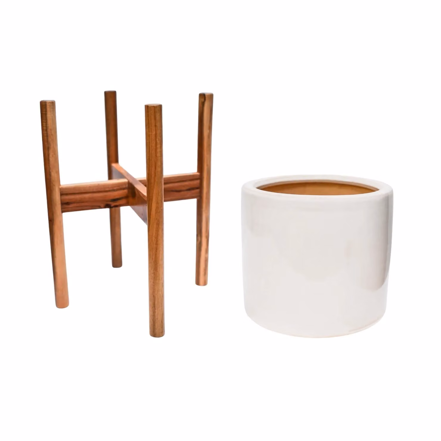 Ivyline Anzio Stone White Ceramic Planter with Wooden Stand, H38.5 x D24 cm – 2