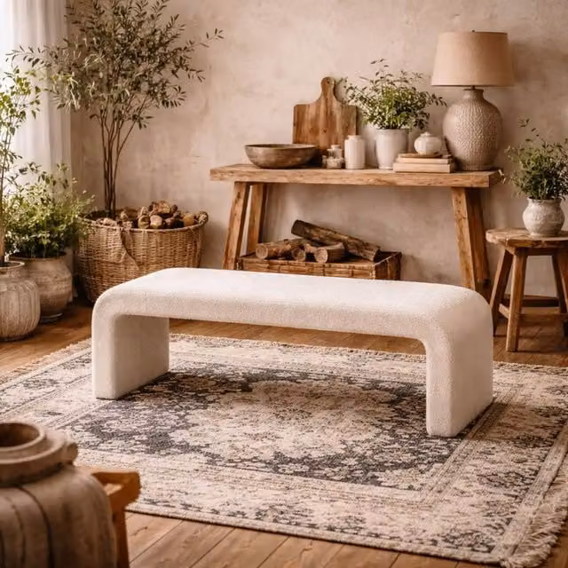 Wyld Haus Palermo Curved Ivory Bouclé Upholstered Hallway Bench