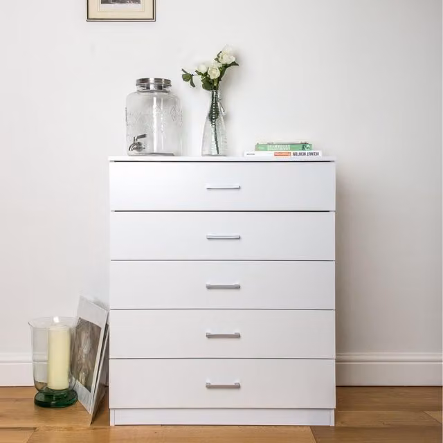 Home Treats White Minimalist Wooden Chest of Drawers with Metal Accents
