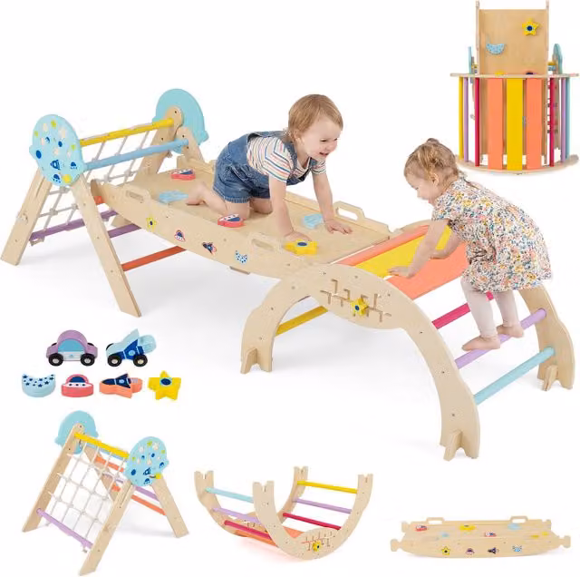 Costway Foldable Wooden Climbing Toy in Multicolour and Pink