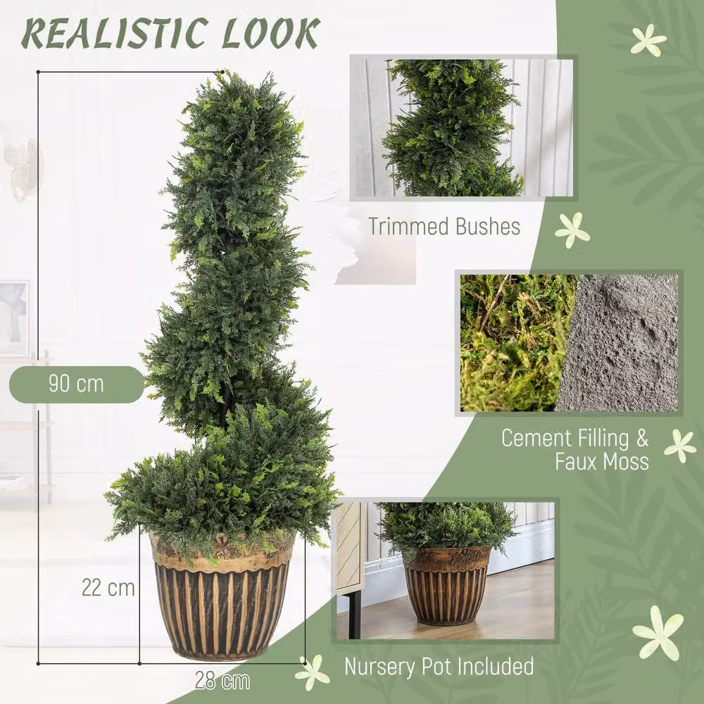 HOMCOM Set of 2 Green Artificial Spiral Cypress Topiary Trees with Pots, Height: 90 cm – 4