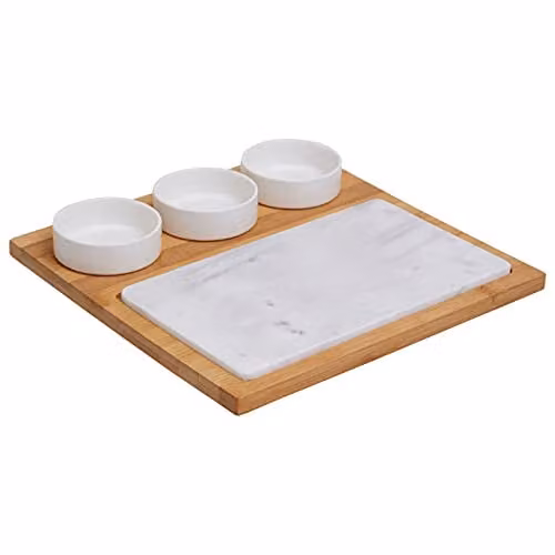 Orsina 5-Piece White Marble and Ceramic Serving Board Set with Bamboo Wood Tray