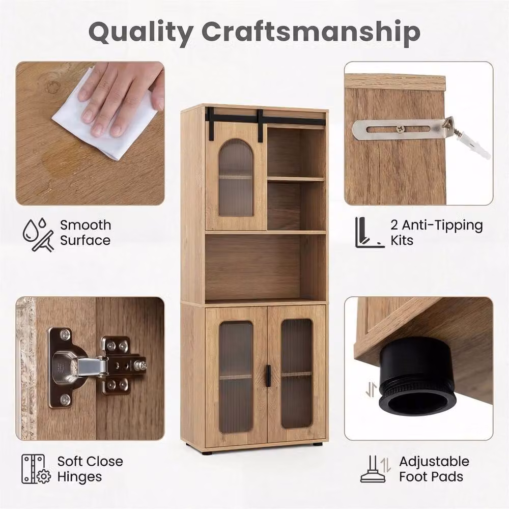 VOGREX Farmhouse Bathroom Cabinet with Sliding Barn Doors and Open Shelving in Natural Brown, Width: 150 cm – 4