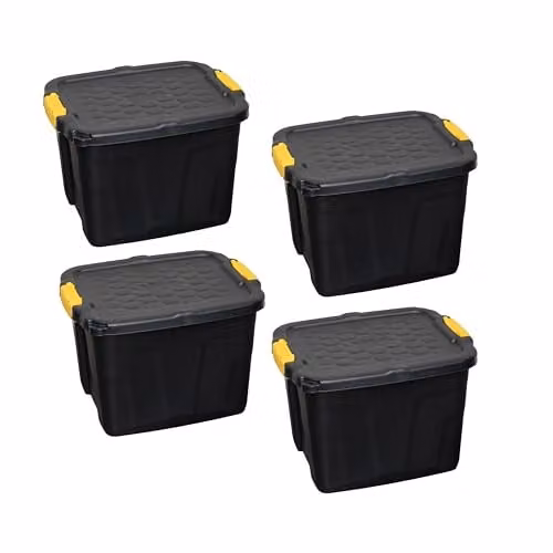 Samuel Alexander 4 Pack of 42L Heavy Duty Lockable and Stackable Plastic Storage Tubs with Clips in Black – 1