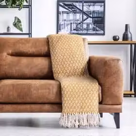 New Edge Blinds Stockholm Collection Geometric Woven Cotton Throw in Yellow, W: 228 cm, H: 254 cm – 2