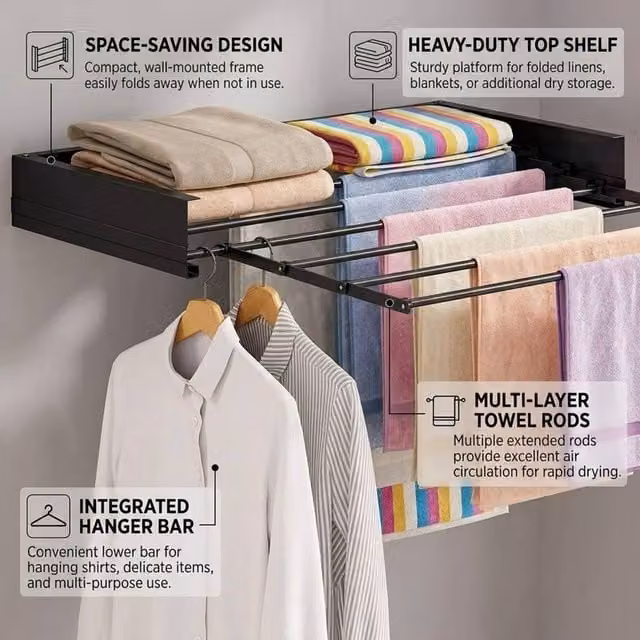 ATEK Wall Mounted Retractable Laundry Drying Rack in Black with 20kg Capacity – 1