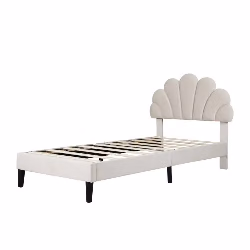 Matteo Beige Velvet Single Bed Frame with Adjustable Petal Headboard and Upholstered Frame, W/D/H: 90 x 190 x 91.44 cm – 3