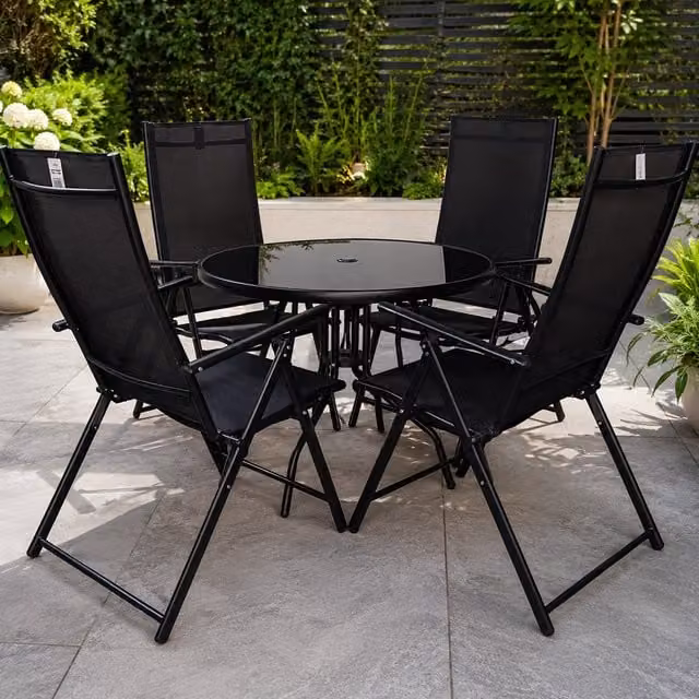 Samuel Alexander Black Round Glass Top Garden Dining Table and 4 Chairs Set