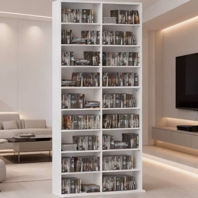 ERGOVEXA 640 CD Storage Tower in White with Adjustable Shelves and Media Compartments, H: 175.0 cm, W: 30.0 cm, D: 24.0 cm