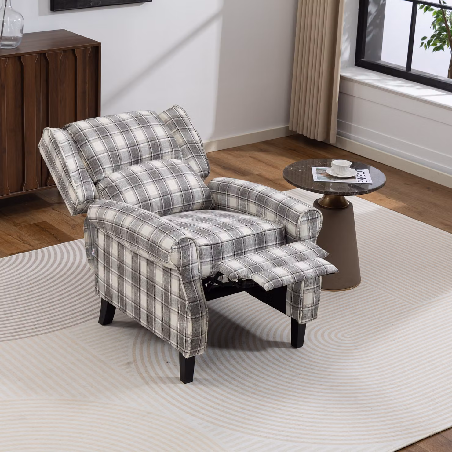 HOMCOM 160 Degree Reclining Armchair with Integrated Footrest in Grey and White Checked Fabric – 9