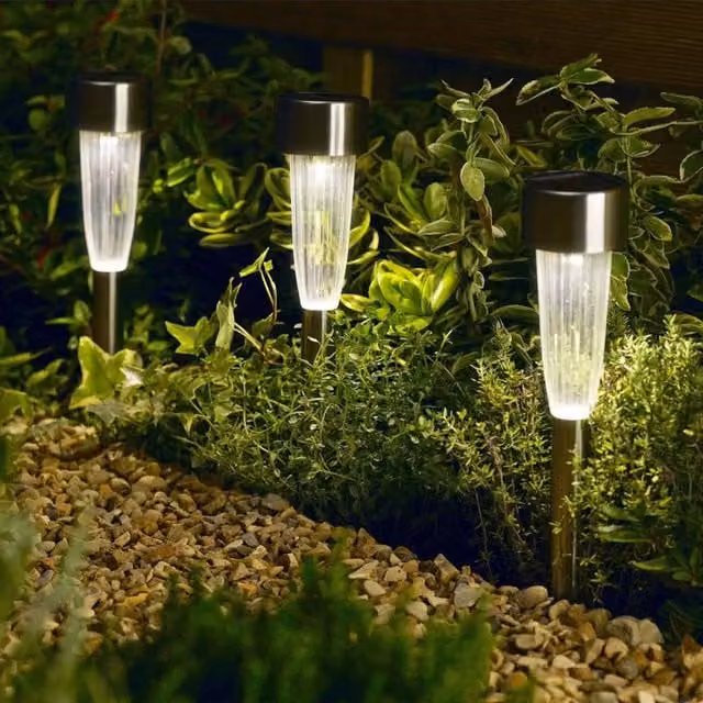 Smart Solar Pack of 10 Modern Fluted Garden Stake Lights with Dusk Sensor in Silver