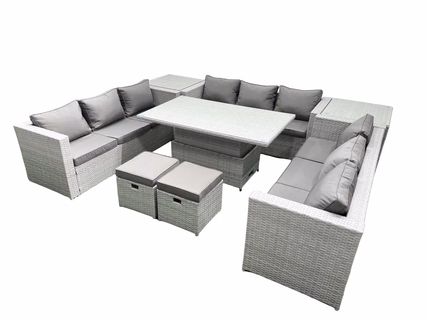 Fimous U-Shape Rattan Garden Furniture Set with Adjustable Rising Lifting Table and 2 Side Table Stools in Light Grey – 2