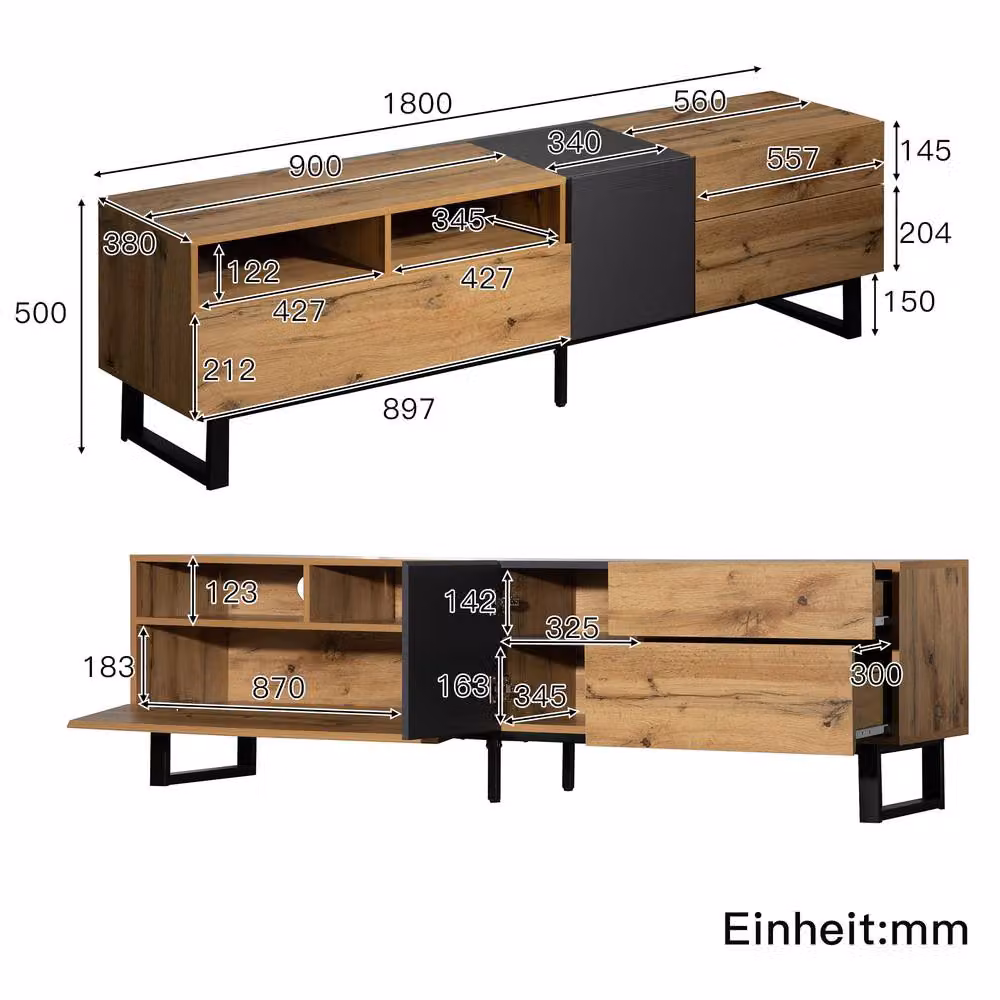 Merax Modern TV Unit with Metal Legs and Storage Doors and Drawers in Brown, W/D/H: 180 x 38 x 38 cm – 2