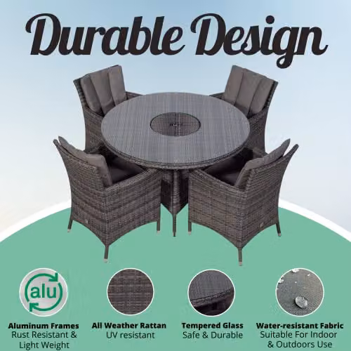 Thats Furniture Giardino Savannah 4 Seater Rattan Garden Dining Set with Ice Bucket Cooler in Grey and Brown, Round Table W: 120 cm – 3