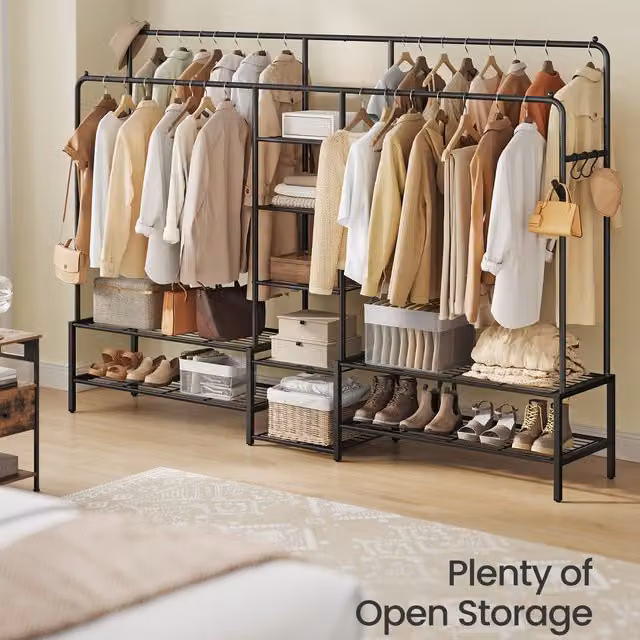 SONGMICS Black Metal Clothes Rack with 9 Shelves and Open Wardrobe Design