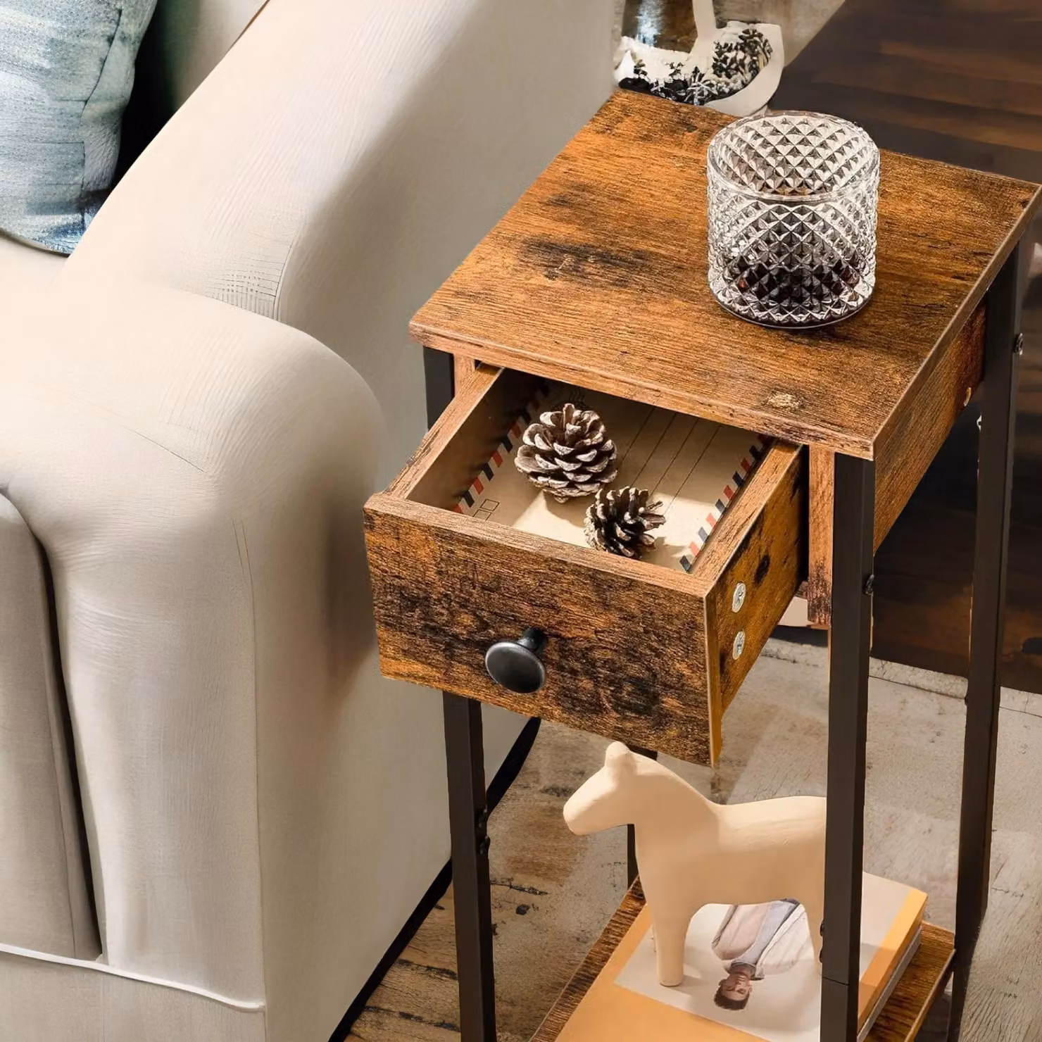 Rafaelo Mobilia Set of 2 Slim Industrial Side Tables in Brown and Black – 3